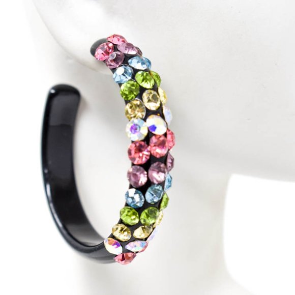 2" Diagonal Multicolor Rhinestones Black Hoops (B) - Picture 8 of 13